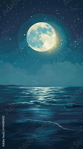 Full moon over calm sea at night