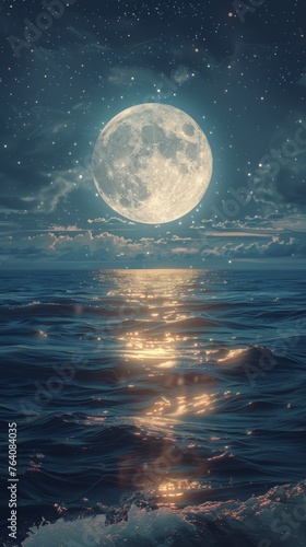 Full moon over the ocean at night