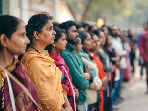 Indian women stand in line, Indian women stand in line.