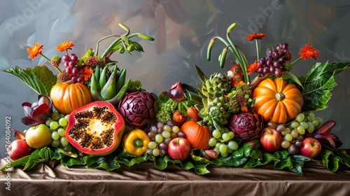 A centerpiece crafted entirely from artistically carved fruits and vegetables  showcasing both beauty and deliciousness