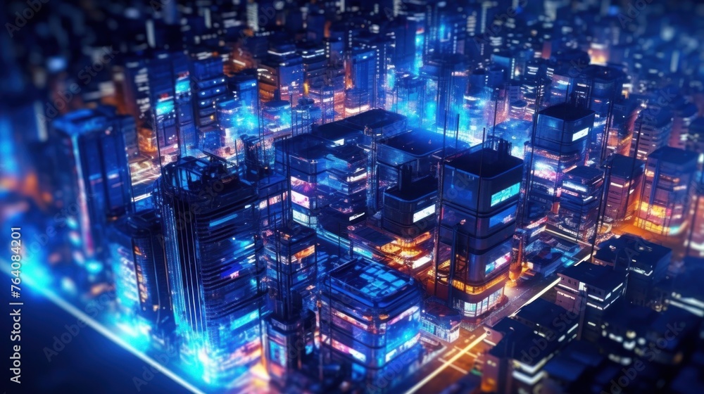 neon cyber city in blue nghit colors. Smart Network and Connection city.