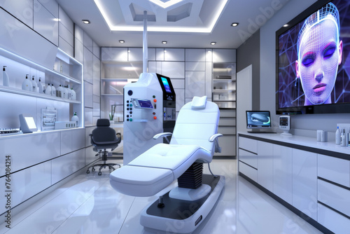 3D render of an advanced sleek facial analysis machine in a modern dermatology clinic