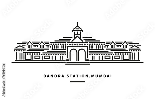 Bandra Station building vector line illustration.