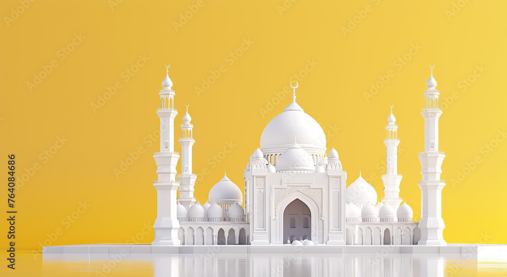 Obraz premium 3D white mosque on yellow background with copy space, composition, generative ai