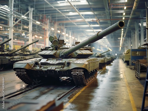 A modern battle tank displayed prominently in a large industrial warehouse setting, exemplifying military power and industrial might.