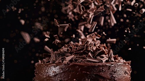 A sumptuous chocolate cake topped with an explosion of delicate chocolate shavings captured mid-air.