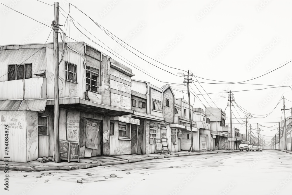 This grayscale sketch artistically renders a desolate street scene, capturing the quiet stillness of an old neighborhood with its worn buildings and tangled power lines.