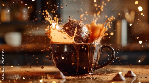 An irresistible hot chocolate bomb mid-explosion in a mug, creating a captivating splash of chocolate and milk.