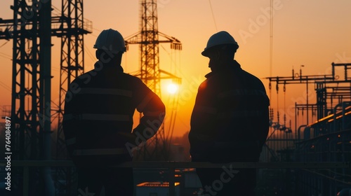 Silhouettes of two engineers standing at a power station, discussing plans, industrial, pollution, factory, environment, smoke, sky, ecology, plant, steam