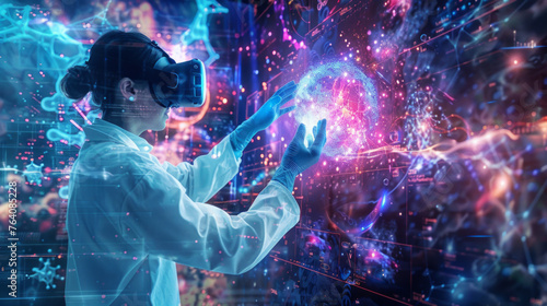 A scientist enveloped in a vivid digital cosmos, manipulates a bright energy cluster using VR technology photo