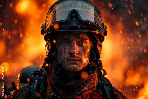 A close-up of a firefighter's face with a serious expression, with sparks and flames in the background