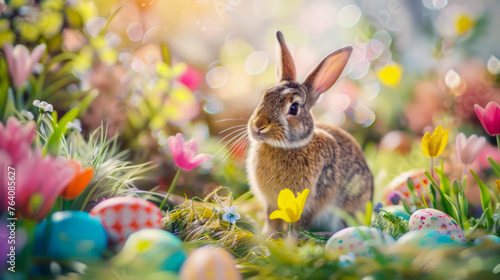 Design for an Easter card with a cute bunny on a spring meadow  with a bright and cheerful background of blooming tulips and eggs