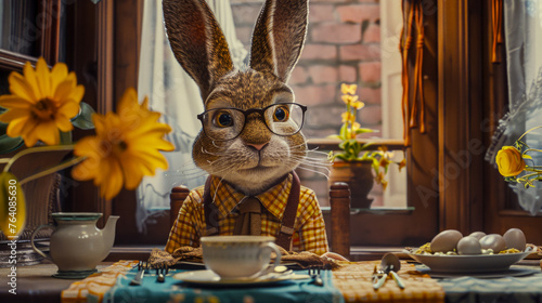 Happy Easter card with a cheerful Easter bunny wearing glasses, dressed in a shirt and tie, sitting at the holiday table photo