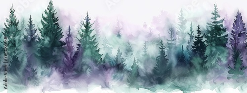 Watercolor painting of spruce forest. Coniferous foggy forest illustration. Fir or pine trees for Christmas design. Misty winter abstract background, holiday background © JovialFox