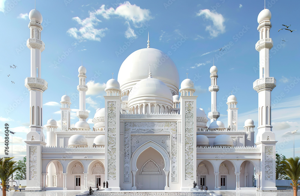 3d model of white mosque with dome and minarets, decorated for Ramadan in front view, 20m wide, 5 meters high, generative ai