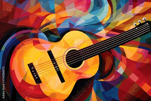 Classic guitar abstract fusion of form and color swirling around a central acoustic guitar, symbolizing the vibrant and soulful resonance of music