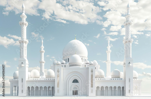 3d model of white mosque with dome and minarets, decorated for Ramadan in front view, 20m wide, 5 meters high generative ai