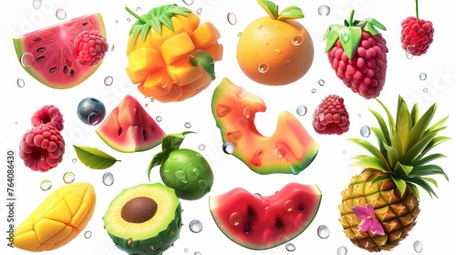 There are many juicy and fresh fruits in this set, including watermelon, pineapple, raspberry, tea, and dew drops. 3D modern realistic set in high quality 50MB EPS. photo