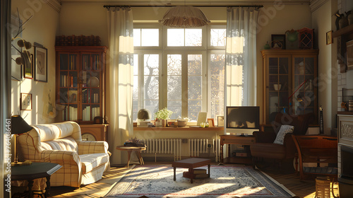 A comfortable European-style living room with simple decor on a sunny spring day © 익태 손
