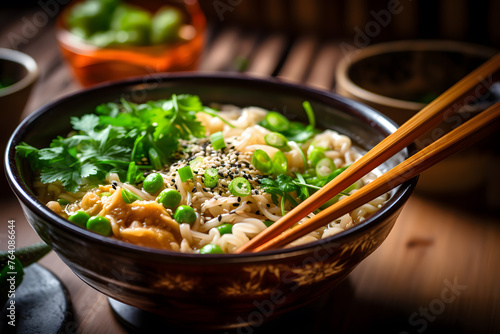 A closeup of chopsticks picking up ramen noodles from a bowl photo