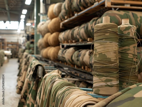 Camouflage fabric and thread rolls in a textile manufacturing workshop with a focus on quality materials for military use.