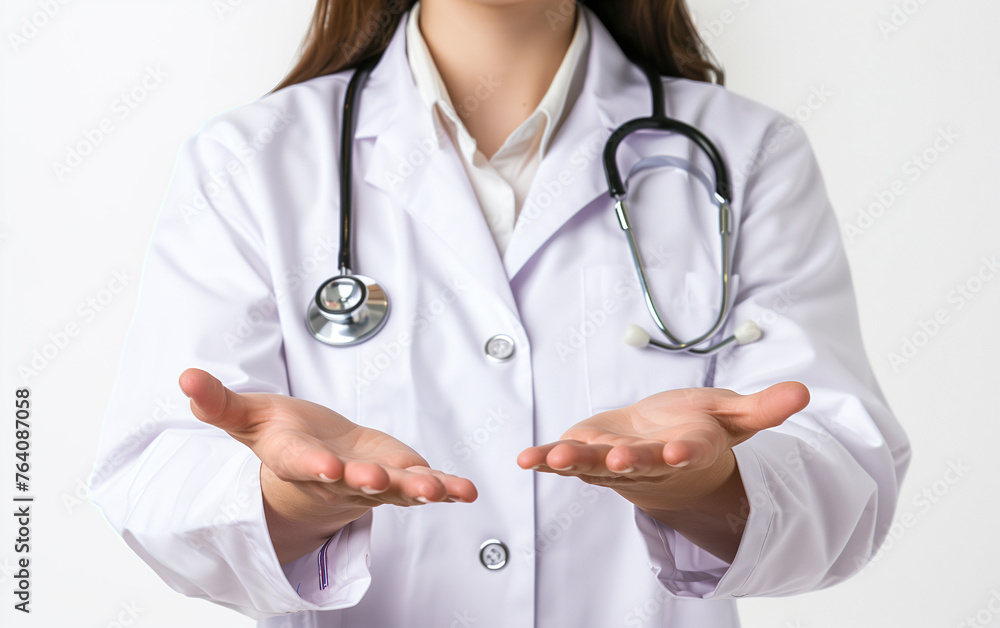 Female doctor making holding gesture with hands,created with Generative AI tecnology. Female doctor making holding gesture with hands,created with Generative AI tecnology.