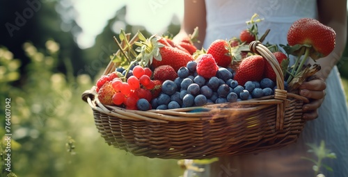 The hand holding the rattan basket contains several types of berries against the background of bokeh effect grass
