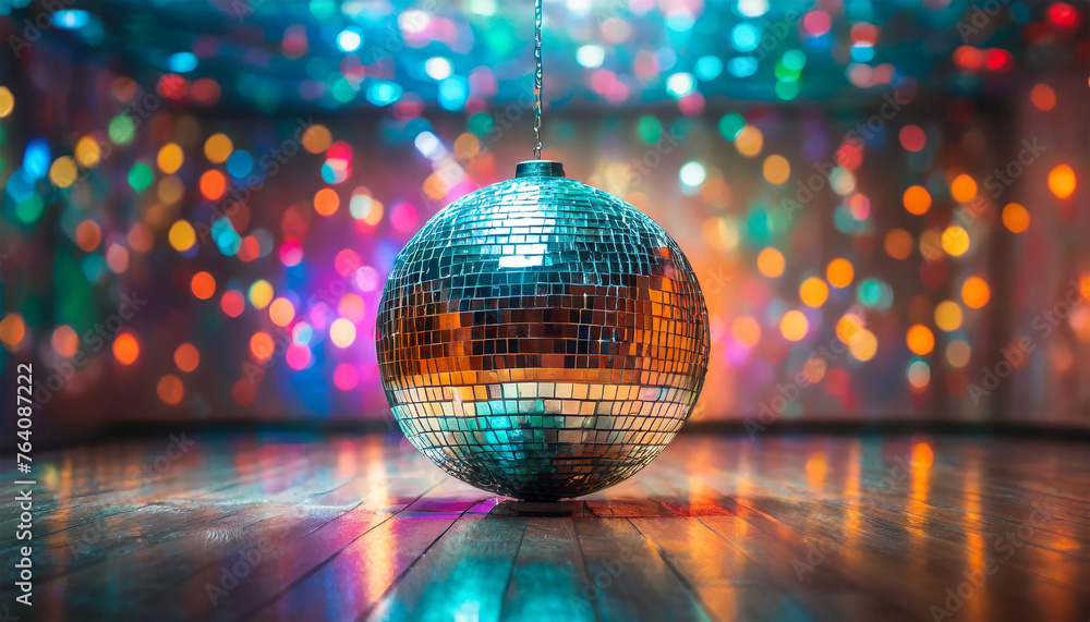 Obraz premium Party themed room with disco ball and lights in the background. Generative AI