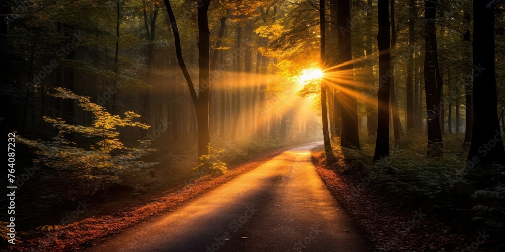 Sunlight Peeking Through Autumn Forest Trees Generative AI