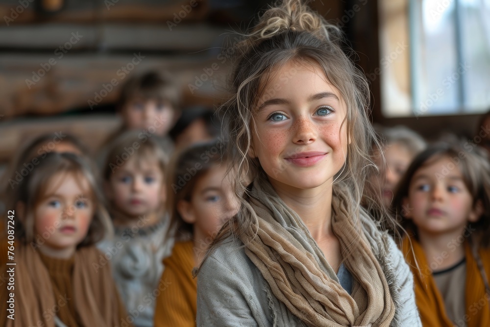 A young girl with striking blue eyes and a whimsical hairstyle smiles brightly, shining amidst a group of children A young girl with striking blue eyes and a whimsical hairstyle smiles brightly, shining amidst a group of children