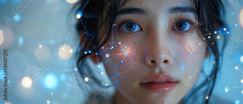 An innovative future technology enables a young Asian woman to view her phone data and functions in holographic displays all around her. photo