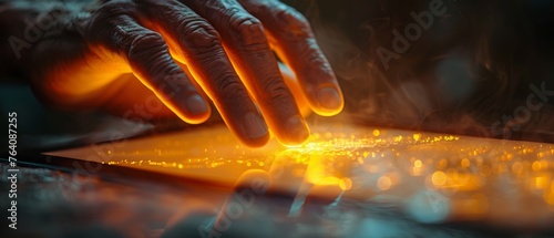 An individual presses the digital tablet screen with their hand.