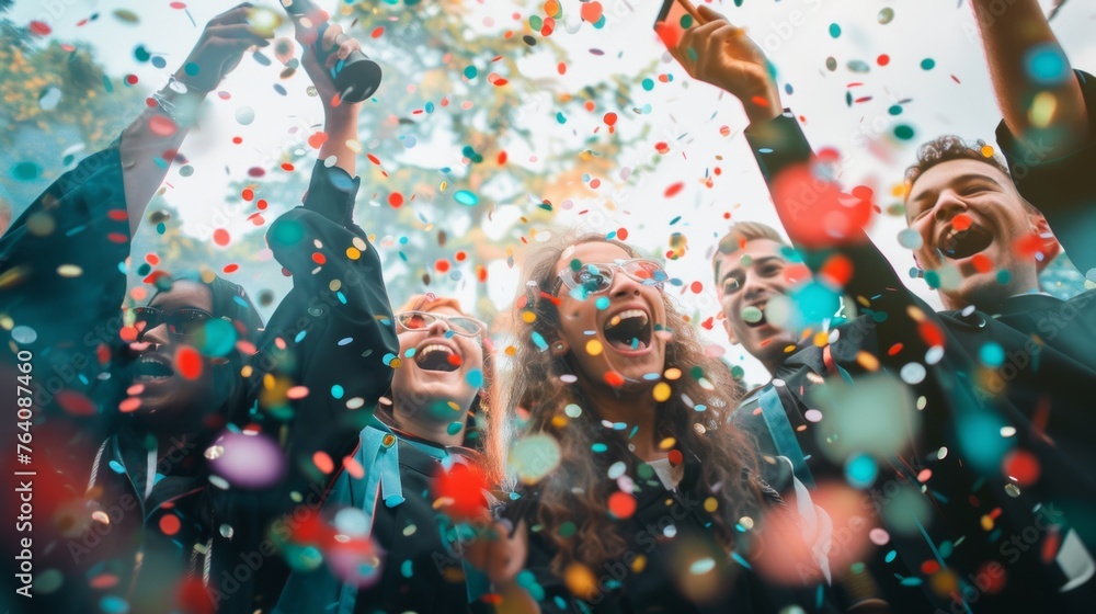 Obraz premium Graduates at a party popping confetti poppers and cheering