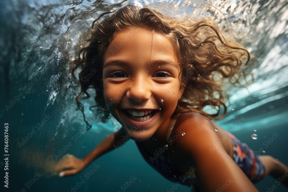 young child underwater swimming