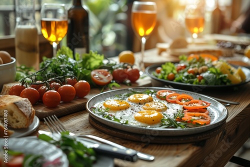 Warm light spills over a hearty breakfast with fried eggs, fresh vegetables, and bread on a wooden table