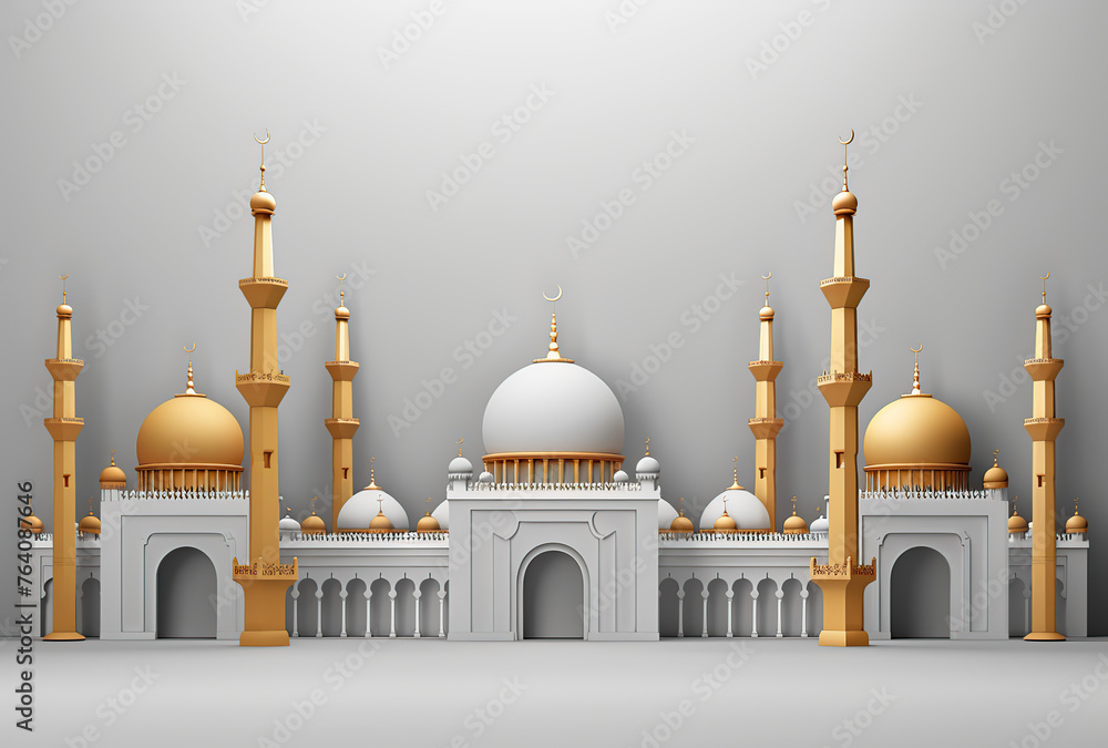 3d realistic mosque with golden domes, isolated on white background, generative ai