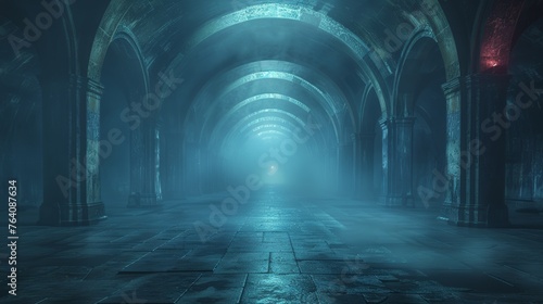Misty arcade hallway with mysterious light at the end