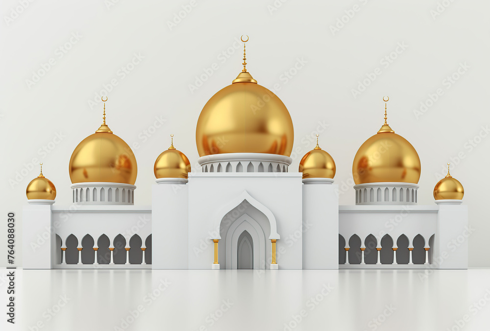 3d realistic mosque with golden domes, white background, generative ai