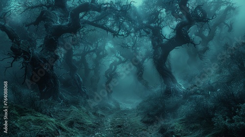 Mystical forest path with twisted trees in fog photo