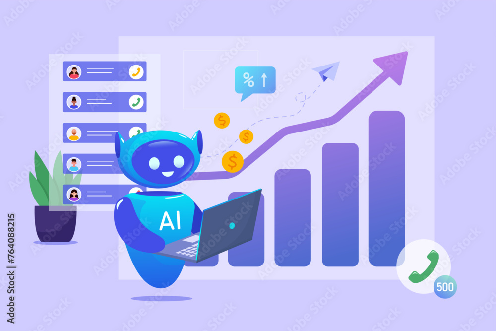 A cartoon robotic AI with a laptop analyzes the company's sales. business increase in sales, profits A cartoon robotic AI with a laptop analyzes the company's sales. business increase in sales, profits