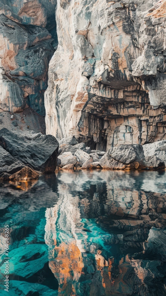 Rocky cliff reflections in serene water