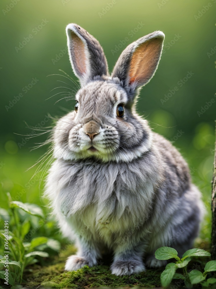A grey rabbit sits attentively amidst greenery, its large ears perked up