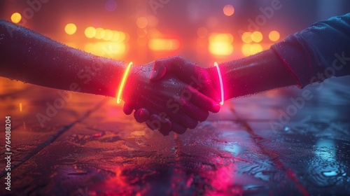 This modern illustration shows a handshake in a digital futuristic style. It illustrates a partnership, collaboration or teamwork concept. © Zaleman