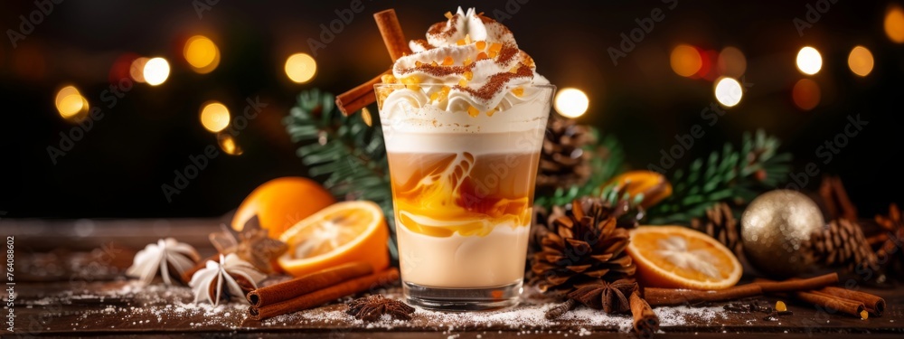 Spiced citrus latte with whipped cream topping and cinnamon. Hot chocolate or coffee. Winter drink on dark background with lights. Holidays treats vertical concept