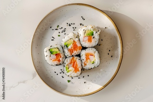 Sushi Rolls, Japanese Sushi Food, Top View Served in Plate