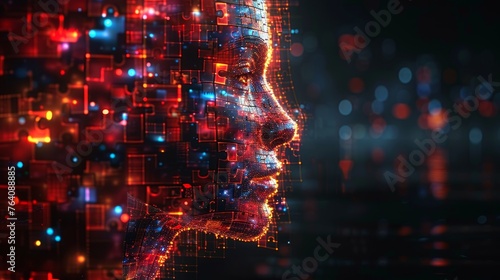 In a digital futuristic style, a human head puzzle represents mental health and memory disorders. Modern illustration on a dark background with neon illumination.