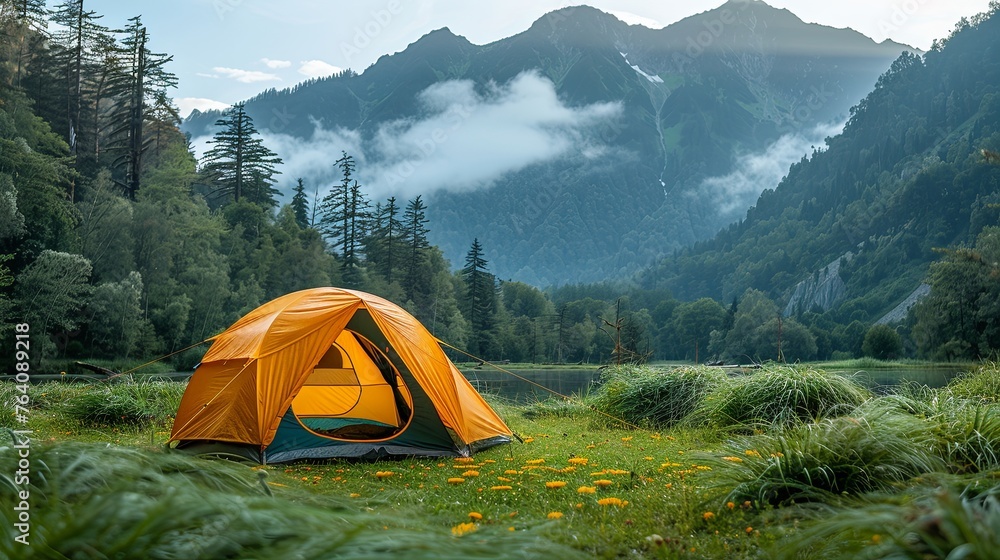 Camping tent picnic on green lawn behind mountain sunrise morning sky background ,small yellow and green  grass recreation and outdoor travel concept. 