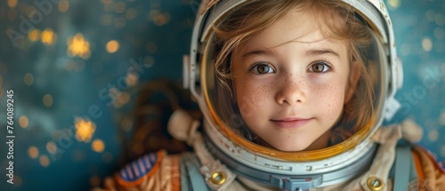 Child in an astronaut costume playing and dreaming about being a spaceman on a bright blue wall with yellow stars. Portrait of funny kid on a blue wall.
