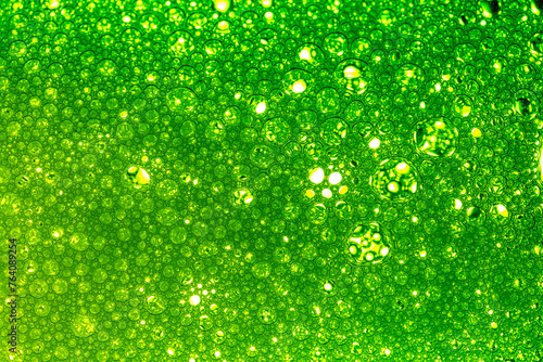 The close distance of the green bubble,Bubble, DNA, Drop, Liquid, Medicine,Foam Bubble from Soap or Shampoo Washing,Poland, Biochemistry, Biotechnology, Laboratory, Water 