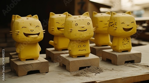 Group of yellow cat figurines on wooden blocks